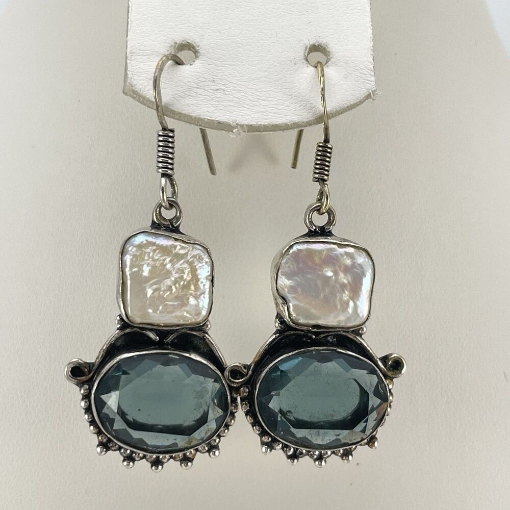 925 Vintage Earrings Pearl Teal Blue Glass Dangle Statement Stunning Boho